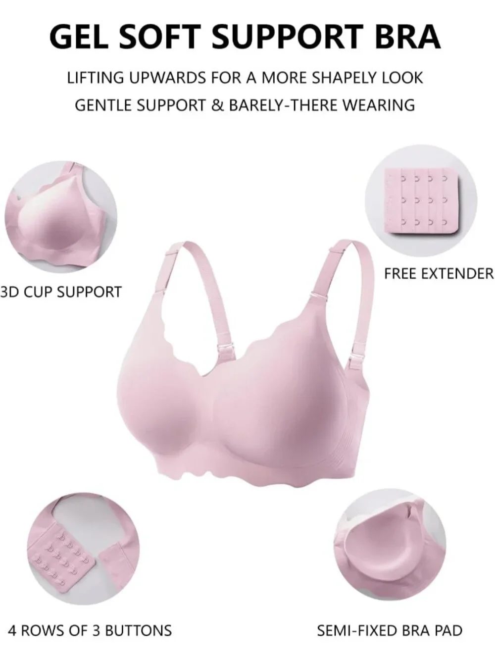 Women's Pink Jelly Bras No Underwire Scalloped Push Wireless Bralettes
